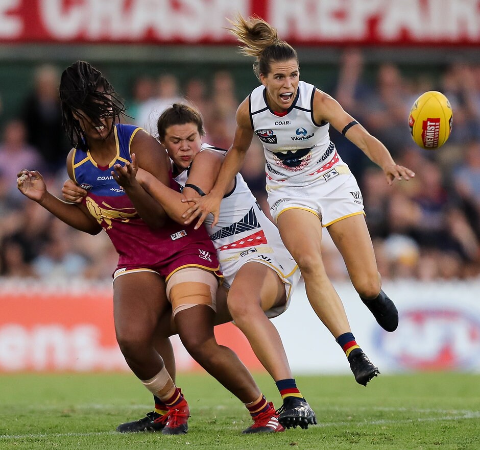 AFLW 2017 Rd 05 - Adelaide v Brisbane ADELAIDE, AUSTRALIA - MARCH 4: Sabrina Frederick-Traub of the Lions tackled by Anne Hatchard and Chelsea Randall of the Crows during the 2017 AFLW Round 05 match between the Adelaide Crows and the Brisbane Lions at Norwood Oval on March 4, 2017 in Adelaide, Australia. (Photo by AFL Media)